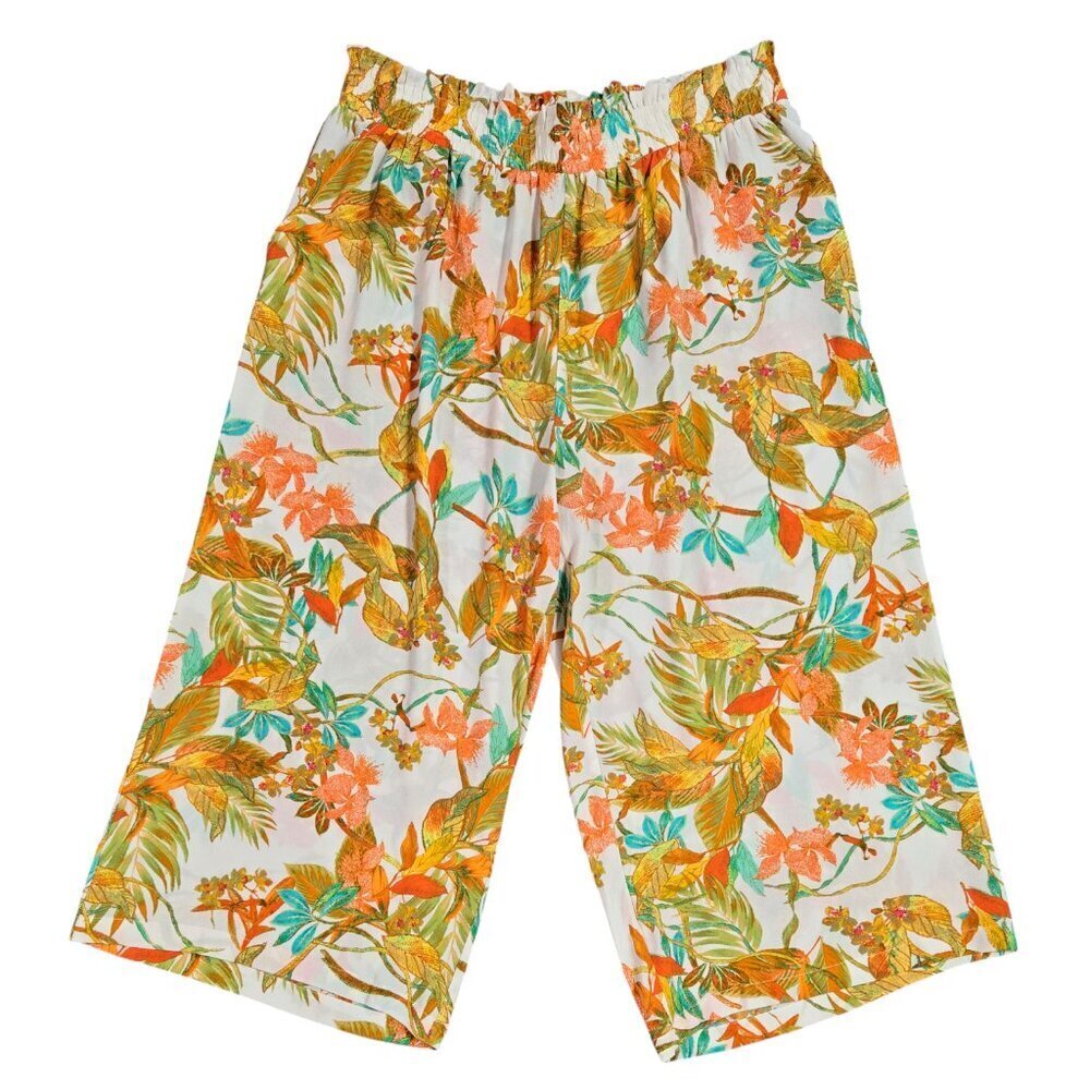 Rose & Olive White Floral Pull On Wide Leg Cropped Pants Beachy Romantic